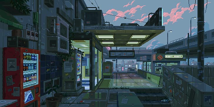 waneella, city, pixel art, lights, cyberpunk, sky, HD wallpaper