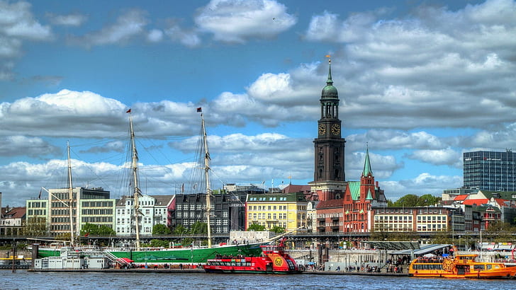 city cityscape architecture sky building hamburg germany ports dock clouds church ship people hdr river flag old building, HD wallpaper