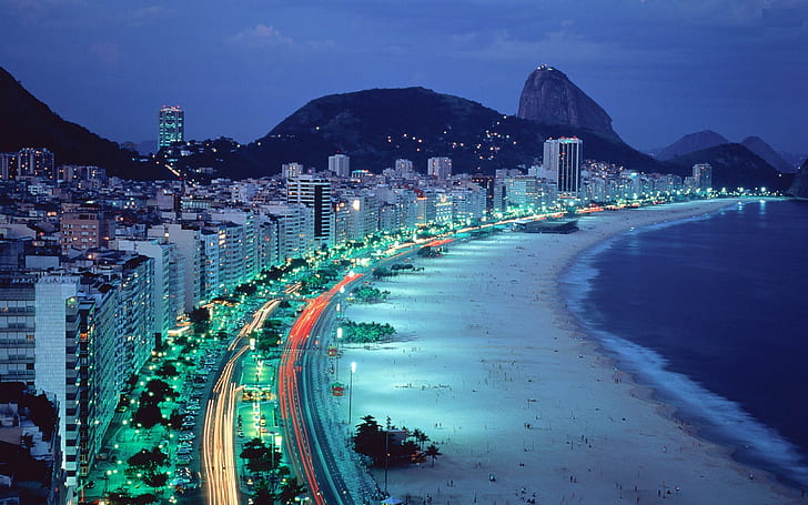 mountains beach night lights brazil copacabana 2560x1600  Nature Beaches HD Art , mountains, beach, HD wallpaper