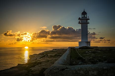 Meer, Sonnenuntergang, Küste, Leuchtturm, Spanien, Mittelmeer, Mittelmeer, Formentera, Insel Formentera, HD-Hintergrundbild HD wallpaper