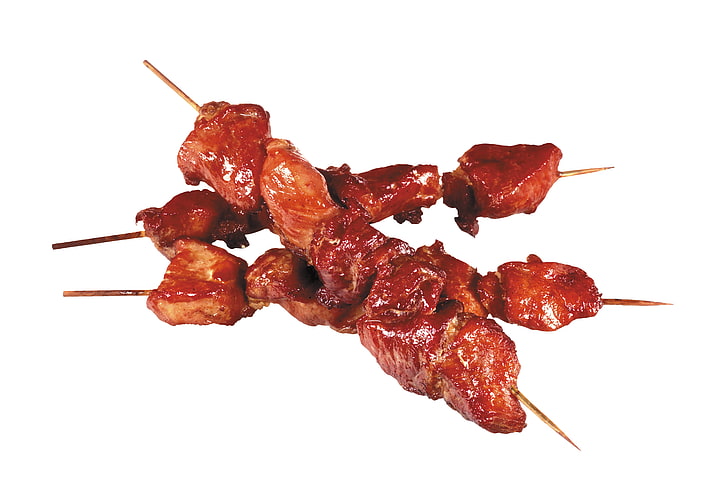three barbeque stick, kebabs, sticks, meat, white background, HD wallpaper