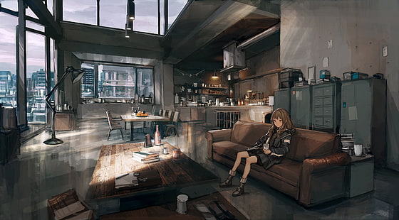 dziewczyna anime, pokój, budynek, grafika, malarstwo, anime, Tapety HD HD wallpaper