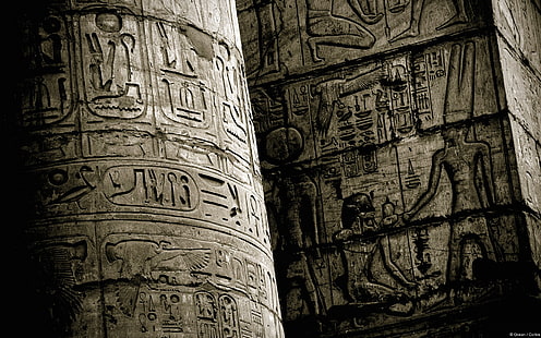 concrete pillars with heirogyplics, Egypt, ancient, HD wallpaper HD wallpaper