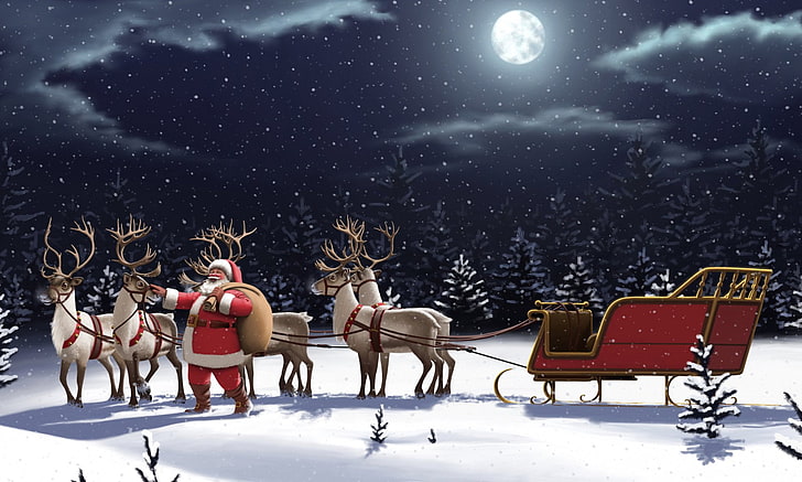 Święta, Boże Narodzenie, Księżyc, Noc, Renifer, Święty Mikołaj, Sanie, Opady śniegu, Tapety HD