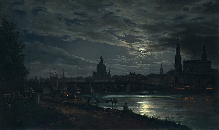 Johan Christian Clausen Dahl, Dresden, melukis, malam, romantis, Wallpaper HD