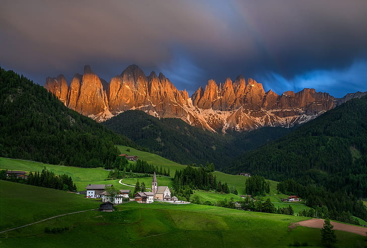 landscape, mountains, nature, hills, morning, Italy, Church, village, forest, meadows, the bell tower, The Dolomites, Santa Maddalena, HD wallpaper