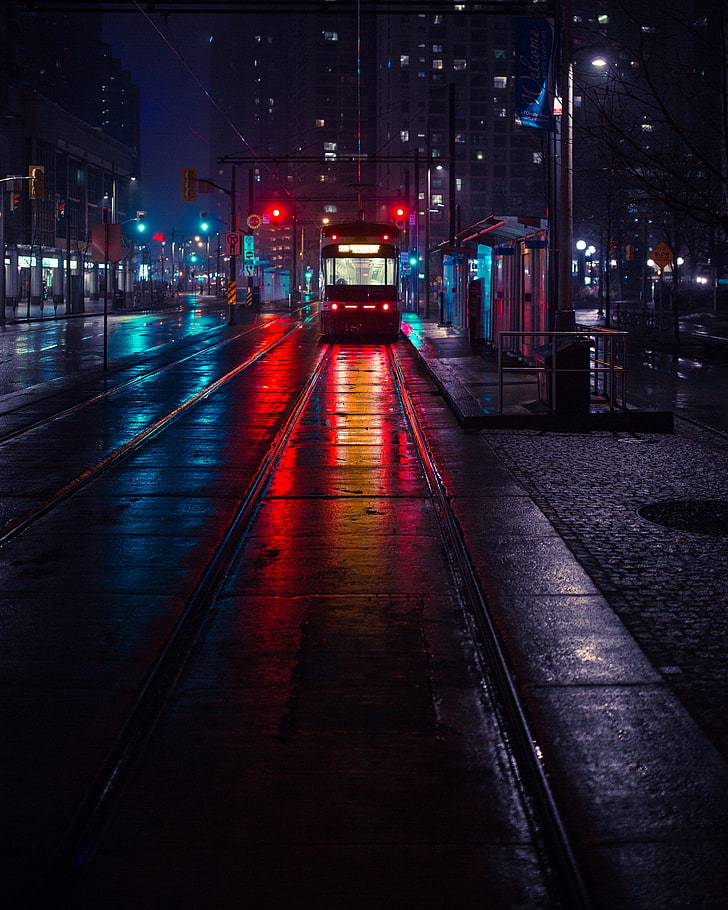 black and gray train, trolley, stop, city, evening, lighting, HD wallpaper