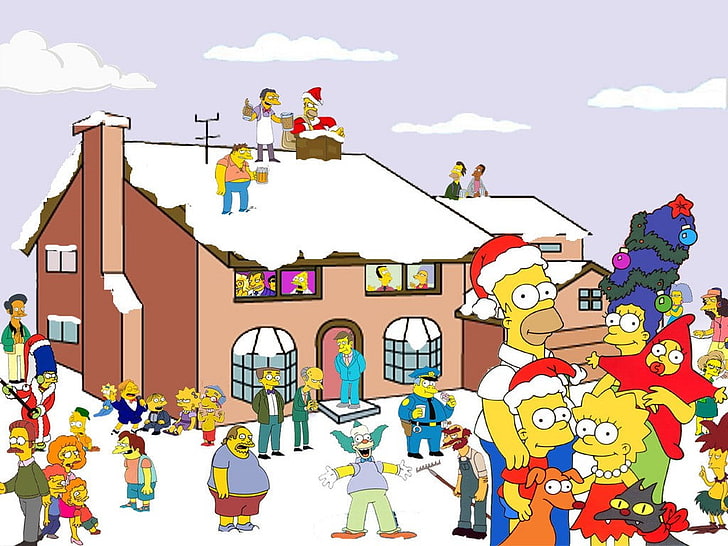 The Simpsons, Homer Simpson, Marge Simpson, Bart Simpson, Lisa Simpson, Maggie Simpson, Moe Sislag, Christmas, HD wallpaper
