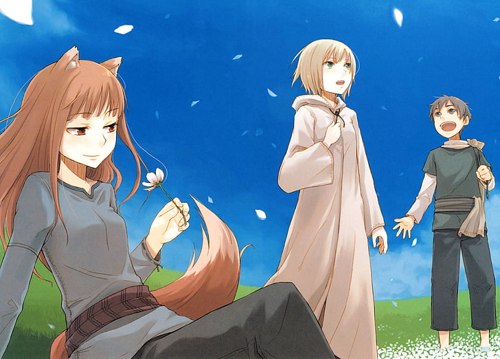 Anime wallpaper, Anime, Spice and Wolf, Animal Ears, Belt, Black Hair, Blonde, Boy, Brown Hair, Cloud, Field, Flower, Girl, Grass, Holo (Spice & Wolf), Kemonomimi, Long Hair, Nature, Red Eyes, Scarf, Sitting, Sky, Smile, Tail, HD wallpaper