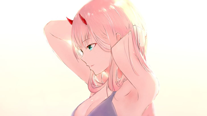 anime, anime girls, peau blanche, Darling in the FranXX, fan art, Zero Two (Darling in the FranXX), Zero Two, fond blanc, cheveux roses, Fond d'écran HD