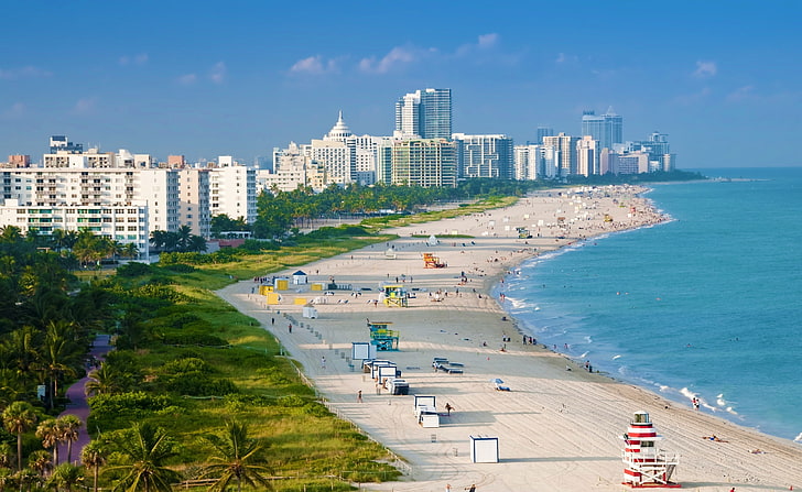 Widok z lotu ptaka Miami Beach, wieżowce, Stany Zjednoczone, Floryda, Widok, Plaża, Z lotu ptaka, Miami, Tapety HD