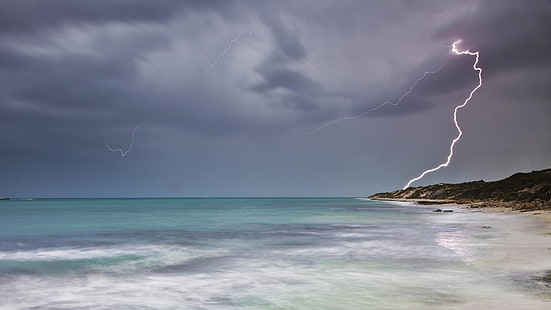 rayo, cielo, mar, nublado, océano, tormenta, costa, Fondo de pantalla HD HD wallpaper