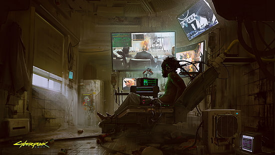 man liggande på stol tapet, cyberpunk, Cyberpunk 2077, cyborg, videospel, fantasy konst, kinesiska, HD tapet HD wallpaper