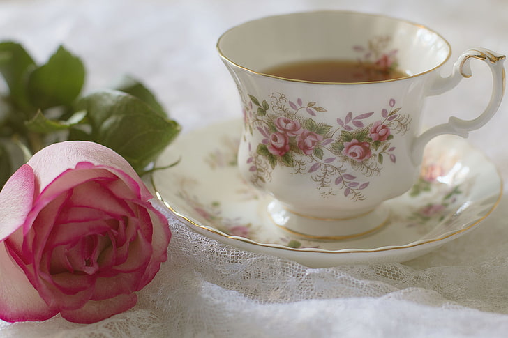 white and multicolored floral ceramic teacup with saucer, flower, tea, rose, petals, Bud, Cup, still life, saucer, HD wallpaper