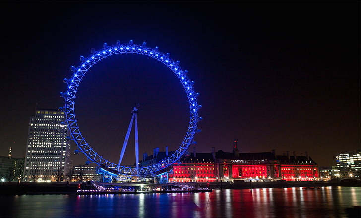 город, река, лондон, разноцветные, London Eye, Великобритания, HD обои