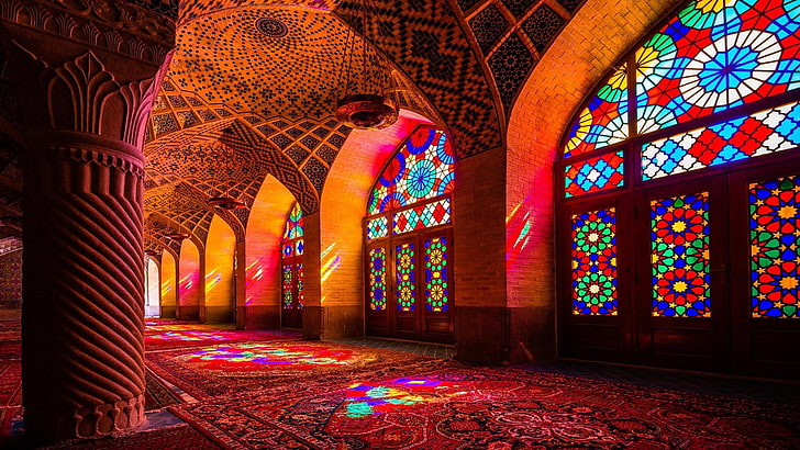 masque, iran, architecture, pink mosque, shiraz, stained glass, glass, light, window, arches, chapel, symmetry, artwork, art, HD wallpaper