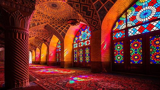 topeng, iran, arsitektur, masjid merah muda, shiraz, kaca patri, kaca, cahaya, jendela, lengkungan, kapel, simetri, karya seni, seni, Wallpaper HD HD wallpaper
