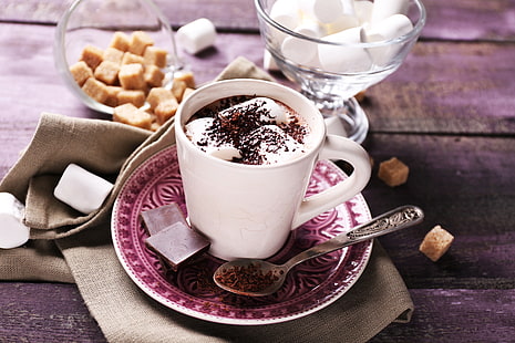 taza de café de cerámica blanca, chocolate, caliente, taza, cacao, malvaviscos, malvavisco, Fondo de pantalla HD HD wallpaper