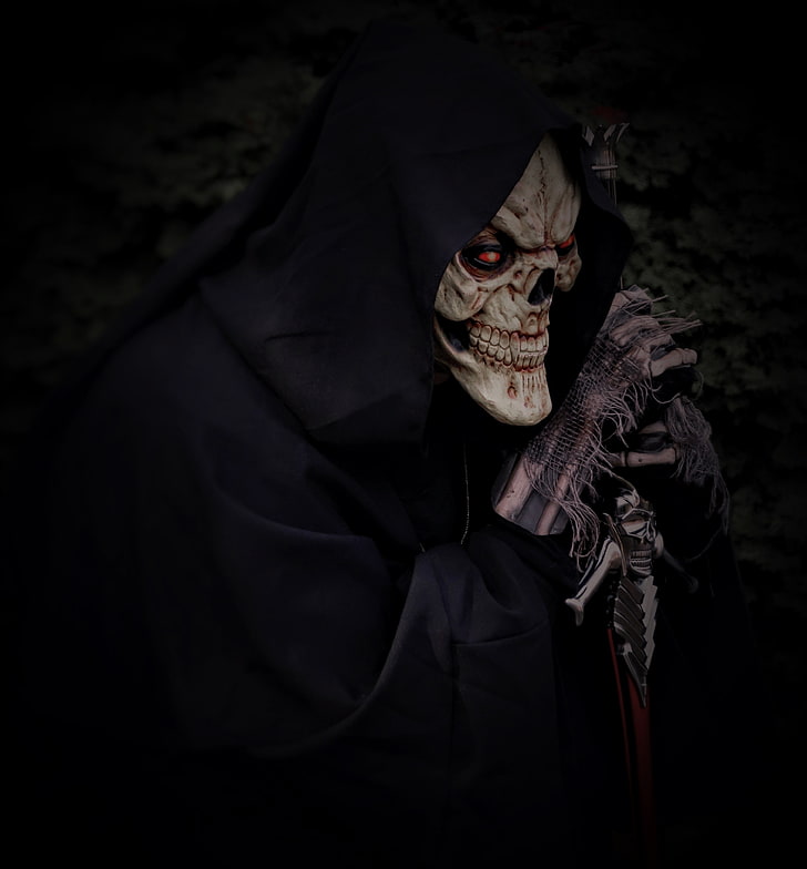 cráneo, esqueleto, capucha, manto, halloween, Fondo de pantalla HD, fondo de pantalla de teléfono