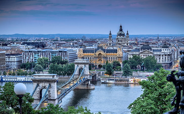 Мост Манхатън, Будапеща, Унгария, верижен мост на Szechenyi, река, Дунав, град, архитектура, природа, HD тапет