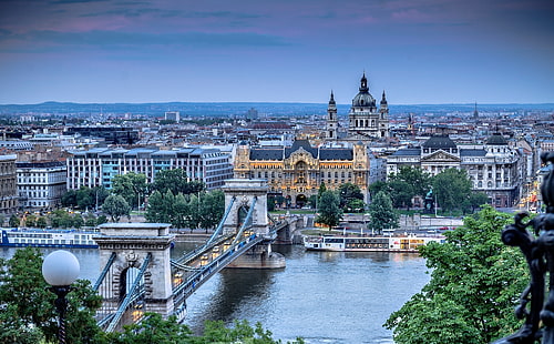 Манхэттенский мост, Будапешт, Венгрия, цепной мост Сечени, река, Дунай, город, архитектура, природа, HD обои HD wallpaper