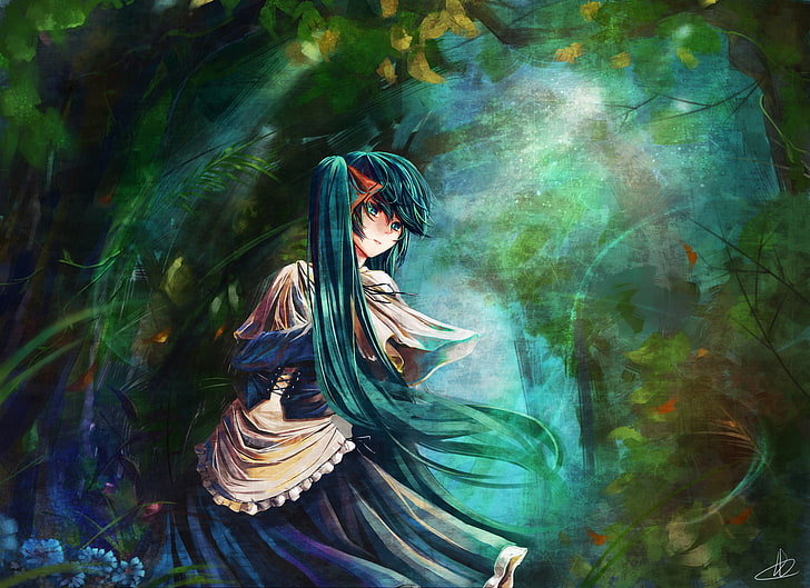 green female anime character digital wallpaper, forest, anime, Hatsune Miku, Vocaloid, blue hair, HD wallpaper