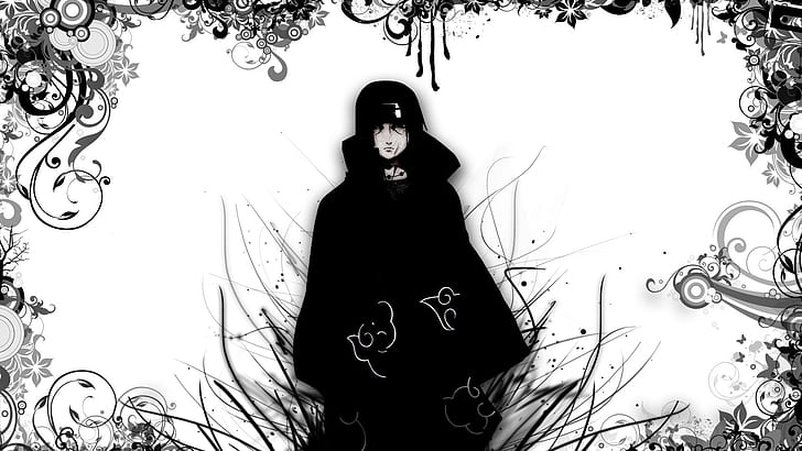 uchiha sasuke, naruto, preto e branco, akatsuki, anime, HD papel de parede