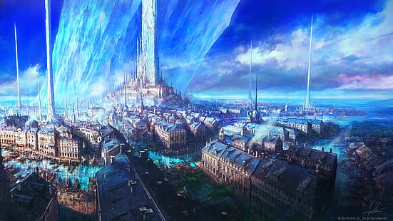 Videospiele, Final Fantasy XVI, Kristall, Burg, Himmel, Fluss, Boot, Videospielkunst, digitale Kunst, HD-Hintergrundbild HD wallpaper