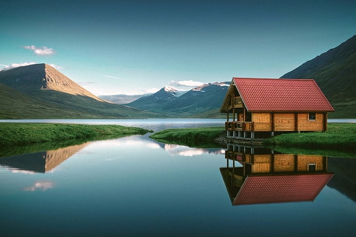 Iceland, mountains, water, cabin, HD wallpaper