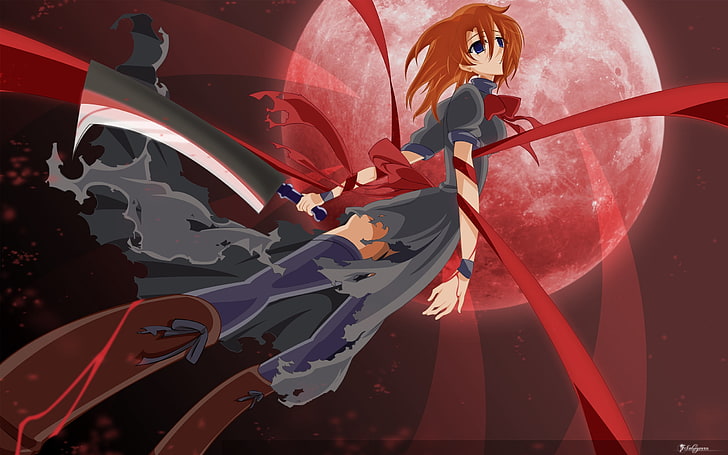 red haired female anime character illustration, girl, band, t moon, flying, sword, HD wallpaper