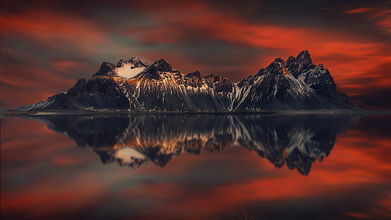 отражение, роговые горы, красное небо, исландия, гора, спокойствие, восточная исландия, стокснес, вестрахорн, бруннхорн, эйстрахорн, пейзаж, горы горный, скалистая гора, национальный парк Ватнайокулл, национальный парк, HD обои HD wallpaper