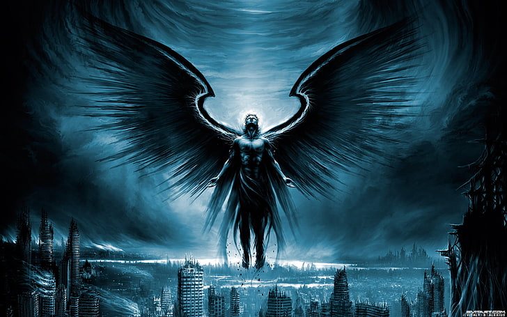 wallpaper malaikat laki-laki, malaikat, sayap, apokaliptik, Vitaly S Alexius, seni fantasi, karya seni, kehancuran, biru, gelap, Wallpaper HD