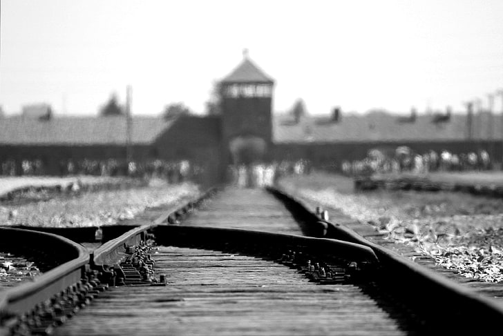 auschwitz, preto e branco, campo de concentração, profundidade de campo, holocausto, pontos, polônia, ferrovia, ferrovia, trilhos, ferrovia, trilhas, HD papel de parede