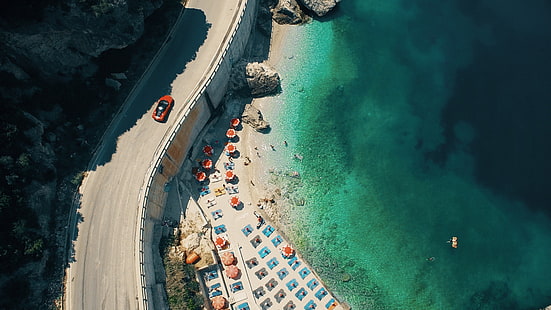 fotografia di droni, fotografia, costa albanese, fotografia aerea, tempo libero, vacanze, spiaggia, mare, albania, albero, mar ionio, strada, Sfondo HD HD wallpaper