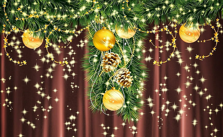 cones, christmas toys, branch, needles, twinkling, holiday, cones, christmas toys, branch, needles, twinkling, holiday, HD wallpaper