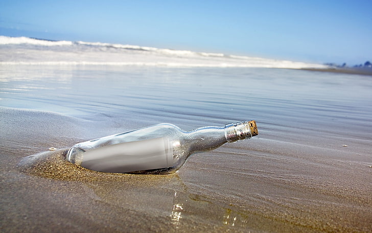 bouteilles, lettre, rivage, sable, mer, Fond d'écran HD
