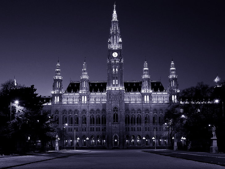 Fotografía en escala de grises de edificio de hormigón, palacio, monumento, luces, arquitectura, Viena, Fondo de pantalla HD