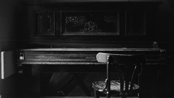 피아노, 어두운, 흑백, 악기, 늙은, 의자, HD 배경 화면
