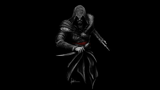 Фен изкуство, Assassins Creed, тъмен фон, Ezio, минимален, черен, 4K, HD тапет HD wallpaper
