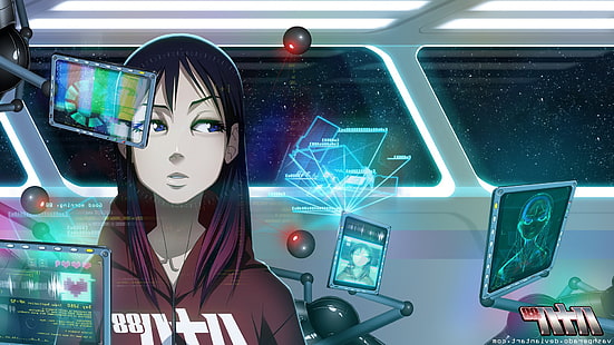 88 Girl, Anime Girls, киберпанк, футуристический, интерфейсы, оригинальные персонажи, космический корабль, Вашперадо, HD обои HD wallpaper