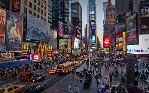 пейзажная фотография городских зданий, Тайм-сквер, Нью-Йорк, Tilt Shift, Нью-Йорк, Таймс-сквер, город, HD обои HD wallpaper