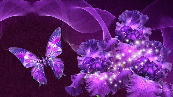 Purple Iris Beauty, ribbon, stars, butterfly, flowers, spring, silk, shine, iris, purple, summer, nature and landscapes, HD wallpaper HD wallpaper