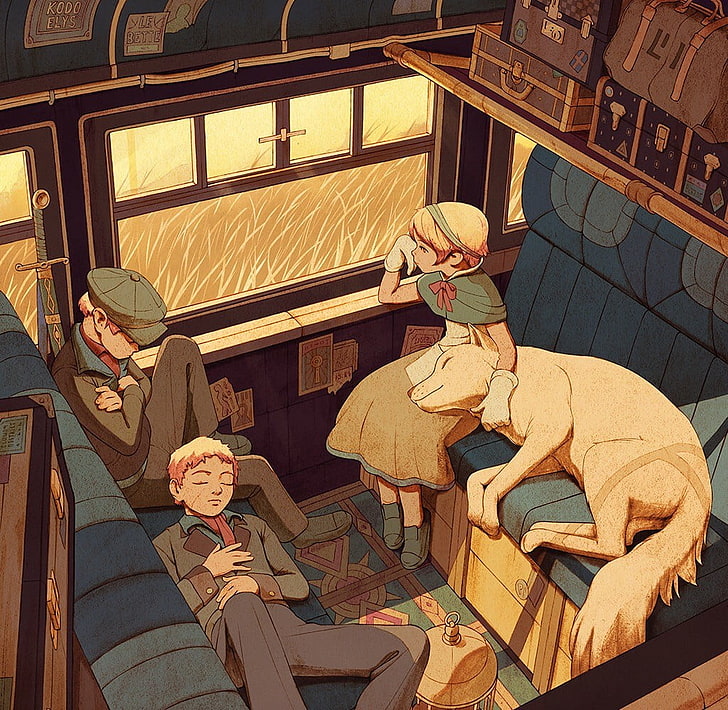 anjing tidur di pangkuan ilustrasi pemilik, kartun, kereta api, Wallpaper HD