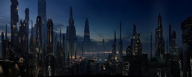 high rise buildings wallpaper, cityscape, city, night, lights, sky, science fiction, futuristic, Star Wars, Coruscant, HD wallpaper