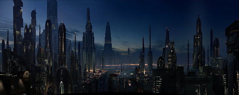 wallpaper bangunan tinggi, cityscape, kota, malam, lampu, langit, fiksi ilmiah, futuristik, Star Wars, Coruscant, Wallpaper HD HD wallpaper