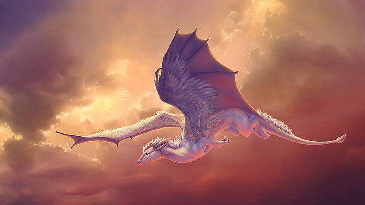 sky, fly, mythical creature, wing, flying, artwork, cloud, dragon, white dragon, fantasy art, fictional character, fairytale art, illustration, infant, baby dragon, art, HD wallpaper