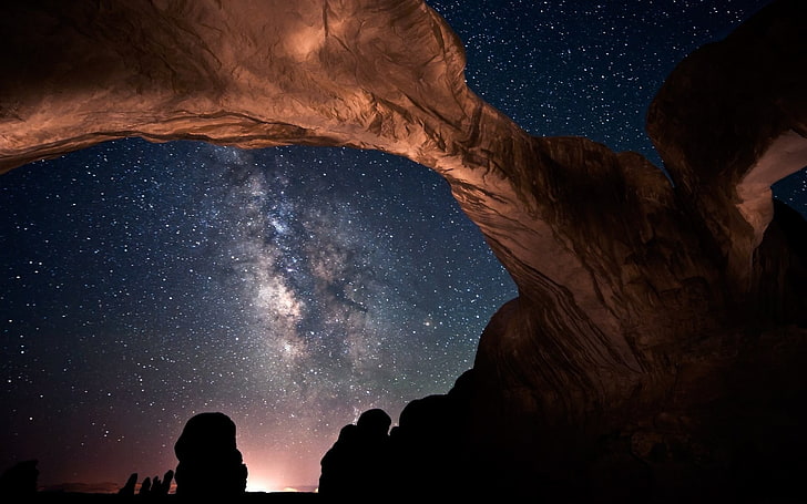 brown rock formation, Milky Way, space, arch, rock formation, Arches National Park, Utah, rock, night, digital art, stars, HD wallpaper