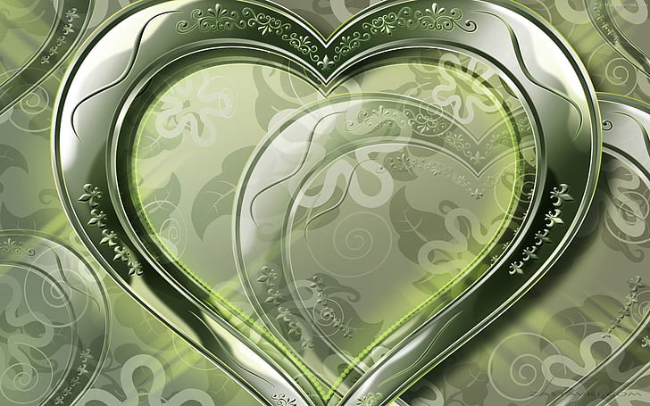 Кристално зелено любовно сърце, сребърна рамка с форма на сърце, кристал, зелено, любов, сърце, HD тапет