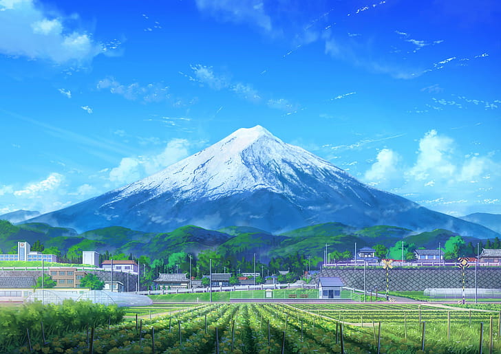 anime, montañas, paisaje, Asia, Japón, azul, cian, Fondo de pantalla HD
