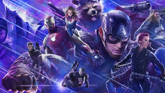 Отмъстителите Endgame, Iron Man, Captain America, Thor, Hawkeye, Black Widow, War Machine, Captain Marvel, Rocket Raccoon, HD тапет HD wallpaper